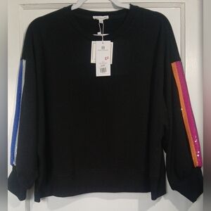 Stylish Black Sweater with Vibrant Sleeve Accents